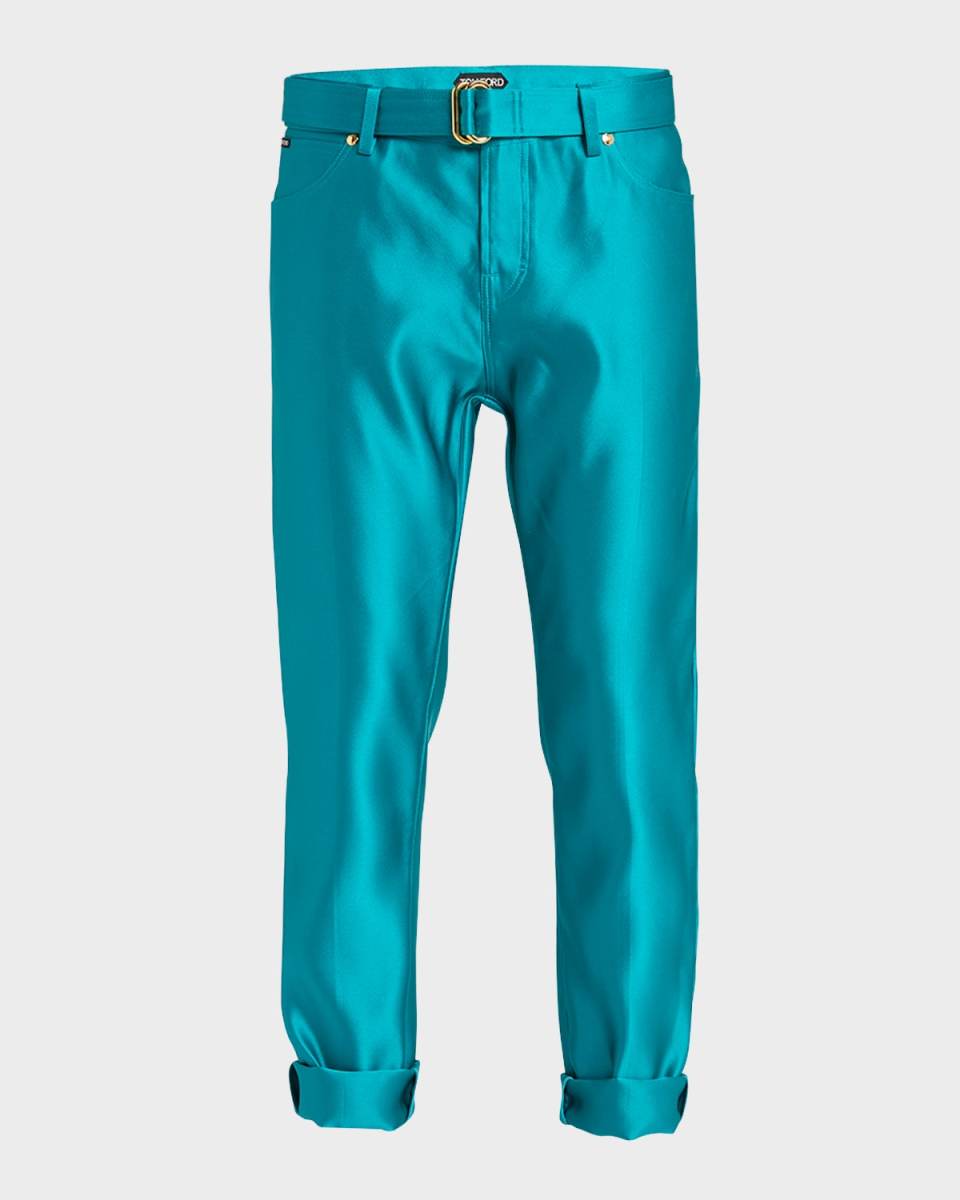 Belted Silk Straight-Leg Ankle Boyfriend Pants